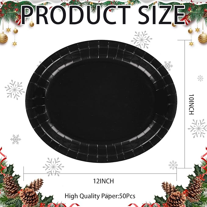 50Pcs Black Oval Paper Plates Decorations 10" x 12" Large Heavy Duty Disposable Black Paper Platters Birthday Party Decorations for BBQ Easter New Year Holiday Lunch Dinner Party Supplies Table Deco