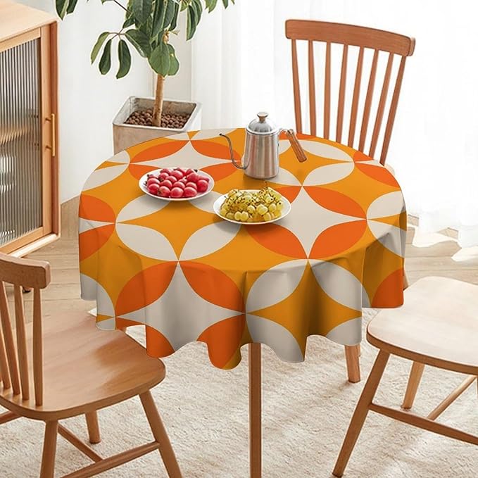 Retro Mid Century Round Tablecloth, Abstract Geometric Mid Century Colorful Pattern Print Tablecloth for Home Party Dining Room Kitchen Decor 36Inch(90cm)