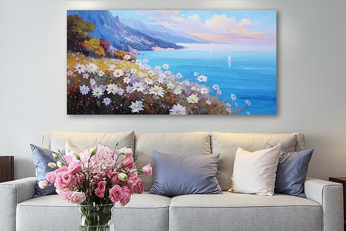 Anolyfi Coastal Landscape Wall Art Nature Flower Mountain Canvas Painting Blue Ocean Seascape Picture, Textured Artwork Large Framed for Living Room Bedroom Bathroom Kitchen Office Home Decor 40"x20"