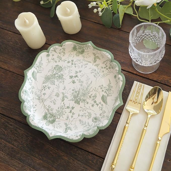 50 Pack 10" Sage Green Dinner Plates in French Toile Floral Pattern, Disposable Round Paper Party Plates 300 GSM for Festive Table Decoration
