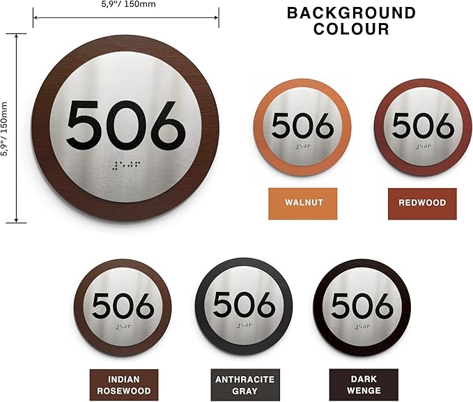 Bsign Round Door Number Sign - Wood Stainless Steel Plate - Custom Door Plates