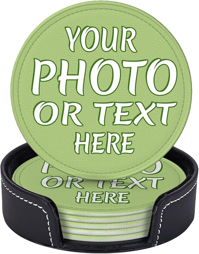 Custom Leather Coasters Set of 6 with Holder, Personalized Coasters with Logo Photo Text,Customized Coaster for Coffee Table Bar Wine Cup Kitchen Desktop Decor (Style 1)
