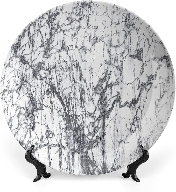 Ceramic Plates, Abstract Decorative Ceramic Plates, Murky Marble Rock Motifs Dynamic Fractal, 6 Inch, for Dining, Parties, Wedding, Grey White