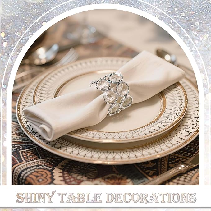 Crystal Metal Napkin Rings Set, Elegant Wedding/Party Table Decor, Shiny Holiday Dinner Accessories Bulk, Bridal Shower Gift, Anniversary, Christmas, Home Decor Essentials (Silver, 24-Pcs)