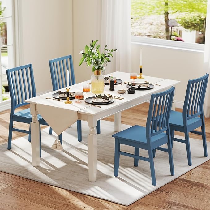 Blue Wooden Dining Chairs Set of 4, Farmhouse Dining Room & Kitchen Chair with High Back, Spindle Windsor Armless Side Chair for Living Room Dining Room Kitchen Restaurant Balcony