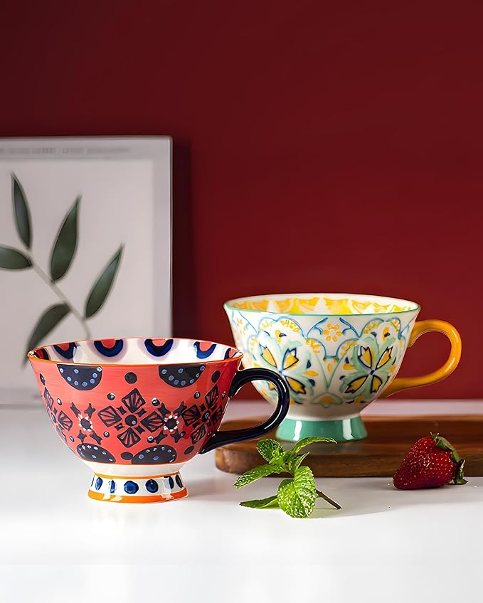 25oz Ceramic Soup Bowl with Handle – Handcrafted Floral Pottery Cereal & Ramen Bowl – Large Microwave & Dishwasher Safe Decorative Bowl for Everyday Use or Gift (Crimson Frost, 17oz)