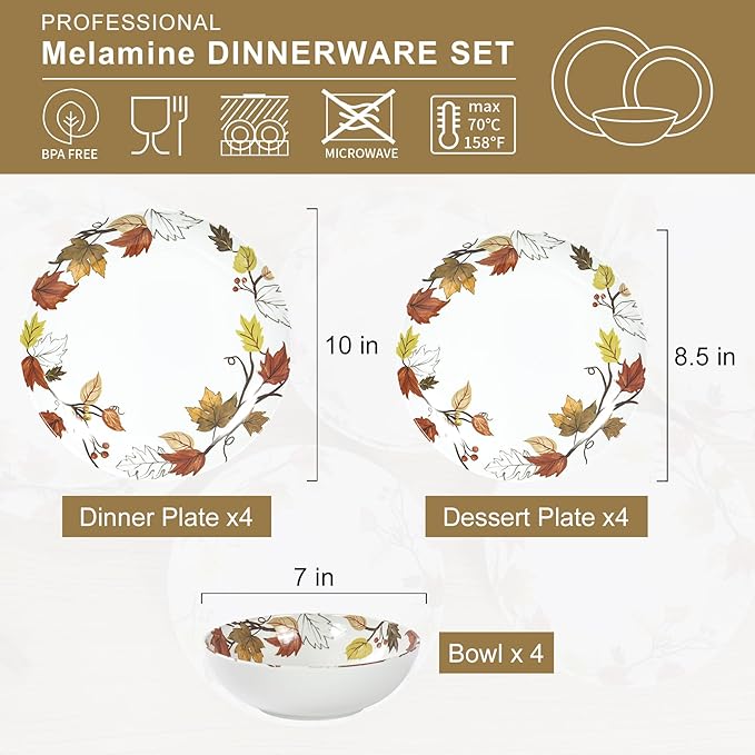 Melamine Dinnerware Sets 12 Pcs, Melamine Plates and Bowls,Party Plates and Bowls Sets, Camping Dishes Set for 4, Unbreakable, BPA Free, Dishwasher Safe（Yellow Maple Leaves）