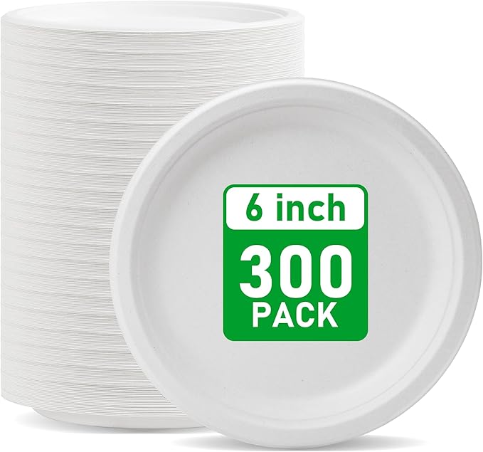 RACETOP Compostable Small Paper Plates 6 Inch [300 Pack], Disposable Biodegradable Heavy Duty Paper Plates, Made of Natural Sugarcane Fibers, Unbleached White, Round