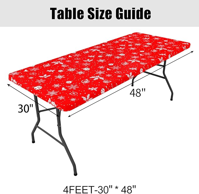 Smiry Plastic Christmas Tablecloth, Snowflake Wipeable Flannel Backed Vinyl Tablecloth, Waterproof Elastic Fitted Table Cover for Christmas Dinner, and New Year Celebration (White & Red, 30x48 Inches)