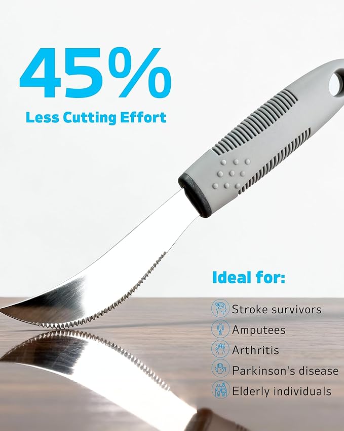 4-Piece Adaptive Utensils Set with Rocker Knife & Shovel Spoon - 42° Angled Parkinsons Utensils, 2.5 oz Weighted Silverware for Hand Tremors and Arthritis, Adaptive Eating Utensils (Grey Left-Handed)