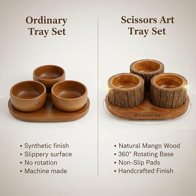 Wooden Snack Bowl Set with Tray – Mango Wood Dry Fruit & Nut Serving Bowls, Rotating Tree Bark Design, Rustic Wooden Candy Bowl Set for Home, Party & Gifting (3 Pieces with Tray)