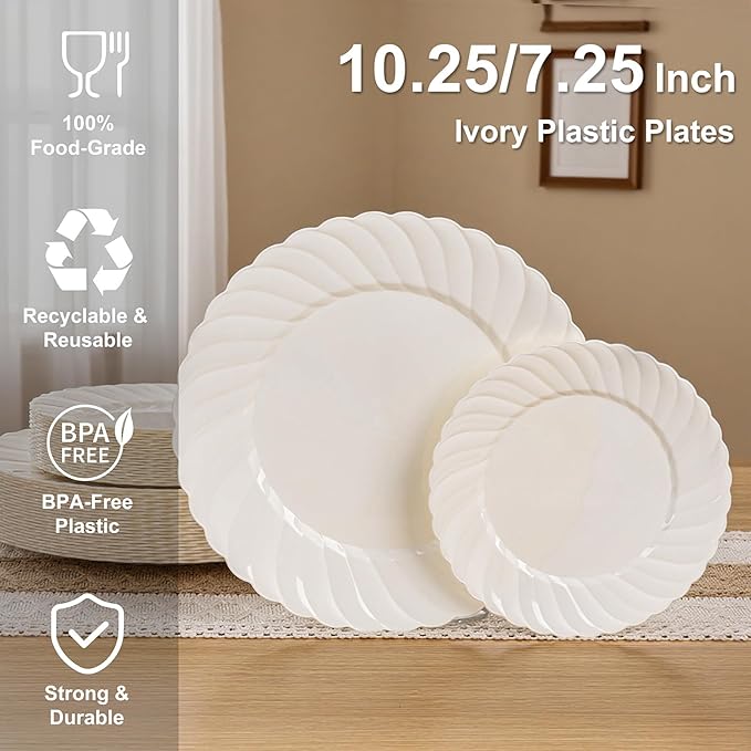 U-QE 60 Pcs Ivory Plastic Plates for Party – Scalloped Plastic Plates Heavy Duty & Elegant – Include 30 10.25" Dinner & 30 7.25" Dessert Plates - Perfect for Party & Wedding