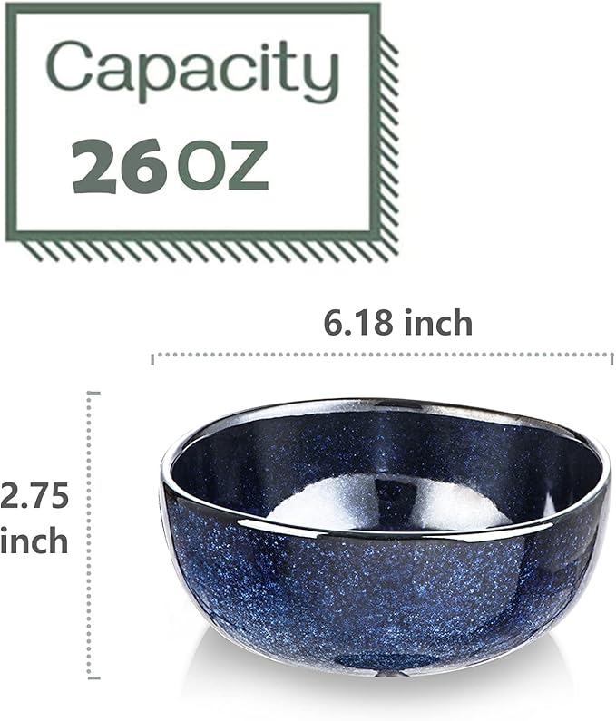 vicrays Ceramic Cereal Bowls - 26 Ounce Porcelain Soup Salad Rice Dessert Cream Set - Chip Resistant Dishwasher Microwave Safe - Set of 6 (Blue)
