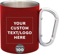 Custom Stainless Steel Mugs with Carabiner Handle 10 oz. Set of 100, Personalized Bulk Pack - Perfect for Coffee, Soda, Other Hot & Cold Beverages - Red