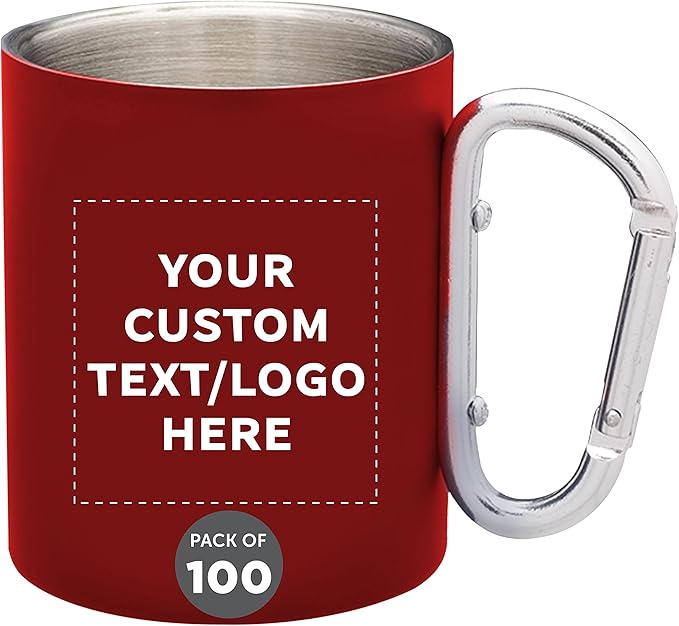 Custom Stainless Steel Mugs with Carabiner Handle 10 oz. Set of 100, Personalized Bulk Pack - Perfect for Coffee, Soda, Other Hot & Cold Beverages - Red