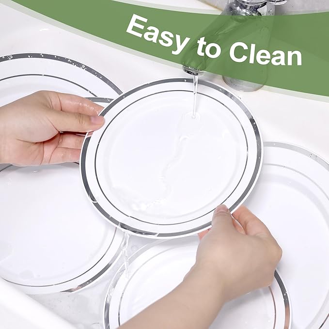 60 PCS Silver Plastic Plates, Silver Disposable Party Plates, Premium Christmas Plastic Plate Include 30 Dinner Platos 10'' and 30 Dessert Platos 7'' Perfect for Birthday, Christmas & Party