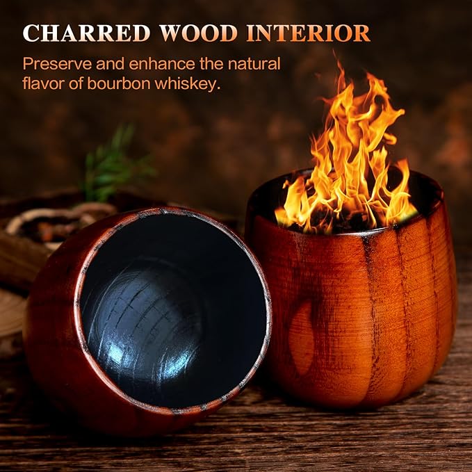 Charred Wooden Bourbon Drinking Glass 2 Pack, 11OZ Birthday Whiskey Glasses Gifts for Men, Dad, Wooden Old Fashioned Glass, Whiskey Tumbler