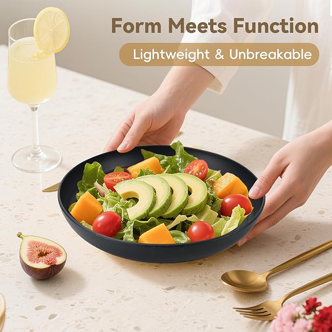 Wheat Straw Plates Set of 8, 9 Inch Dinner Plate for Camping, Picnic, Unbreakable Plastic Plates Reusable, Microwave & Dishwasher Safe Kitchen Plate for Breakfast, Lunch (Black)