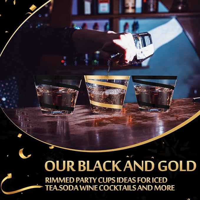 Gejoy 9 oz Rimmed Swirl Plastic Cups Disposable Wine Drinking Cups Clear Elegant Halloween Tumblers for Christmas Party Supplies(Black, Gold,50 Pcs)