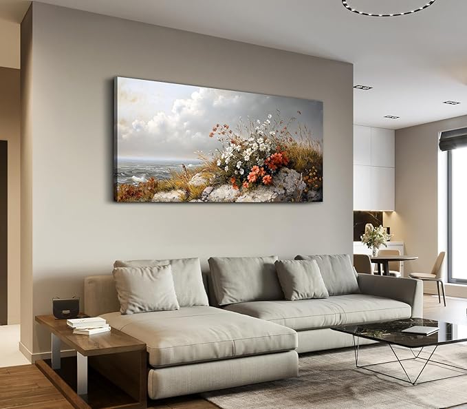 ADJUVANT Wall Art Vintage Coastal Floral Scene 60"L x 30"W, Seaside Wildflowers By The Ocean Canvas Painting Nature Artwork Coastal Blooms Prints Botanic Decor for Living Room Bedroom Bathroom Home Office