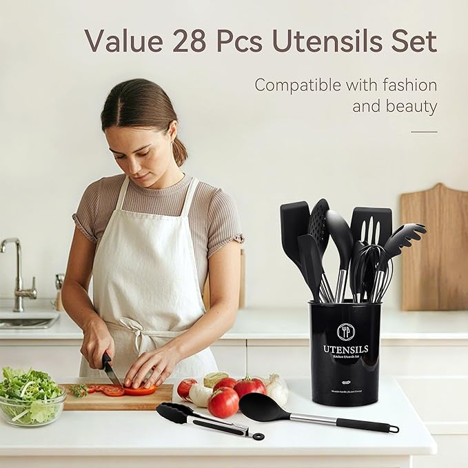 Silicone Kitchen Utensils Set, 28 Pcs Cooking Utensils Set 446°F Heat Resistant Spatula Set, Food Grade Silicone and Stainless Steel Handle Kitchen Gadgets for Nonstick Cookware BPA Free
