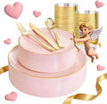 WDF 150Pcs Pink Plates Disposable - Pink and Gold Plastic Plates 25guest Disposable Dinnerware Include 25 Dinner Plate, 25 Dessert Plate, 25 Cutlery & 25 9oz Cups for Wedding, Party, Valentine's Day