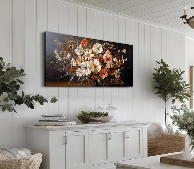 ADJUVANT Wall Art Vintage Floral Bouquet in Vase 48"L x 24"W, Flowers Canvas Painting Botanic Artwork Retro Blossoms Prints Graceful Floral Wall Decor for Living Room Bedroom Dining Room Home Office