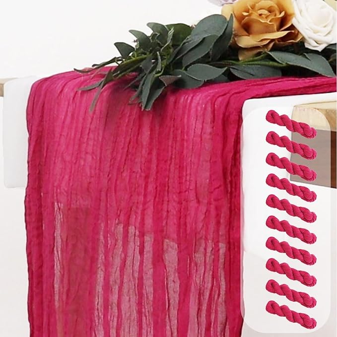 FUHSY Cheesecloth Table Runners Bulk 10 Pack 10FT Long Hot Pink Table Runner Rustic Gauze Fabric Table Runners for Weddings Boho Cheese Cloth Sheer Runner for Birthday Baby Shower Decoration