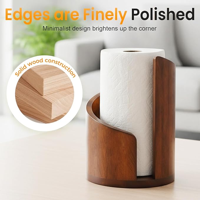 Mountain Paper Towel Holder Countertop, 2026 Upgrade 100% Natural Mango Wood Round Base and Iron Holder, Wooden Paper Towel Holder for Kitchen Roll Organize Dining Table Home Decor (White)
