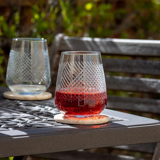 Rolf Glass Bourbon Street 15.75 Ounce Stemless Wine Glasses Set of 4 | Lead-Free Glass | Diamond-Wheel Engraved and Polished Tumbler Glassware | Modern Luxury Glassware