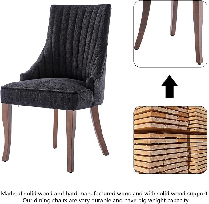 mikibama Linen Dining Chairs Set of 2 Channel Tufted Kitchen Dinner Chair Comfy Fabric Upholstered Accent Chair for Dining Room with Solid Wood Legs (Black)