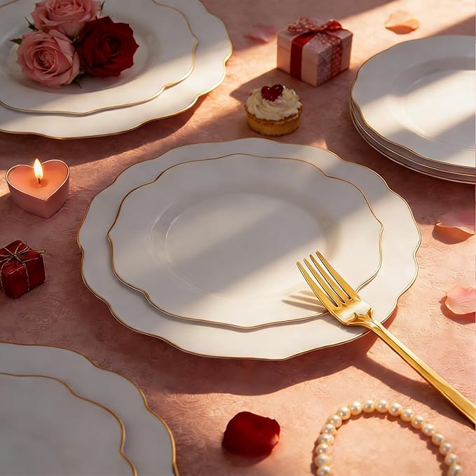 NOCCUR 120PCS White and Gold Plastic Plates - 10.25inch and 7.5inch Gold Disposable Plates Set Heavy Duty for Party/Wedding/Valentine's Day