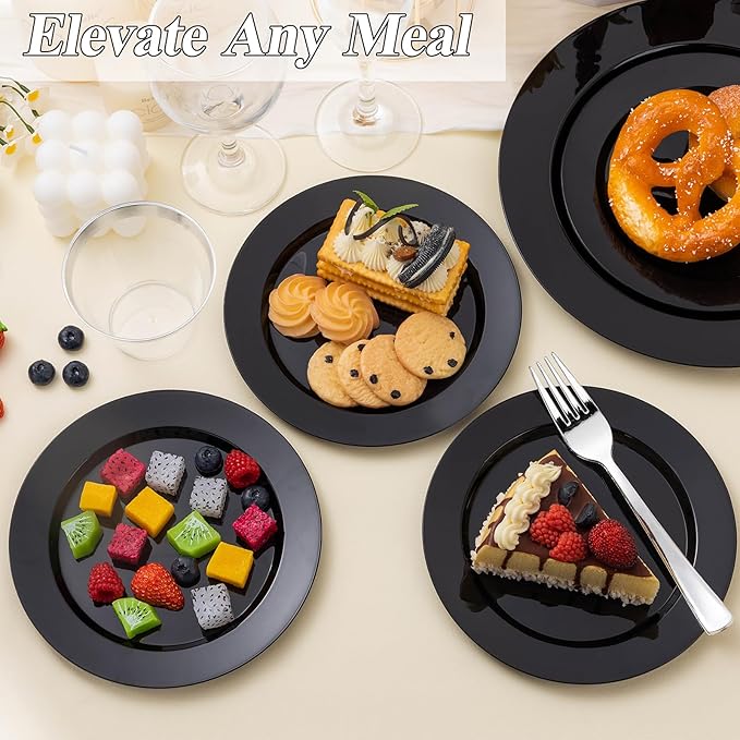 BESTSTAR 200PCS Black Plastic Plates Set, 100 10.25 inch Dinner Plates and 100 7.5 inch Dessert Plates, Premium Disposable Plates for Party, Wedding,Halloween