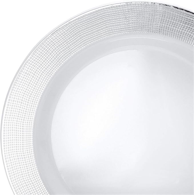 OCCASIONS 120 Plates Pack,(60 Guests) Heavyweight Premium Wedding Party Disposable Plastic Plates Set -60 x 10.5'' Dinner + 60 x 7.5'' Salad/Dessert (Linen White & Silver)