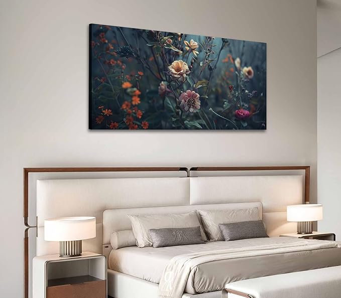 ADJUVANT Wall Art Impressionist Floral 60"L x 30"W, Dark Toned Blossoms With Lush Foliage Canvas Painting Enchanting Flowers Artwork Prints Floral Wall Decor for Living Room Bedroom Study Home Office