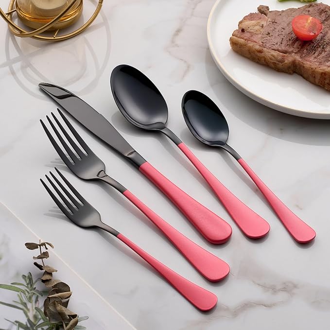 20-Piece Pink Silverware Set 18/0 Stainless Steel Black Silverware Set Yellow Handle Cutlery Black Set Service for 4 Dinner Knives Forks Spoons Set Flatware Set Finish Dishwasher Safe