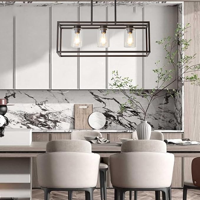 XILICON Dining Room Lighting Fixture Hanging Farmhouse Oil Rubbed Bronze 3 Light Modern Pendant Lighting Contemporary Chandeliers with Glass Shade for Living Dining Room Bedroom Kitchen Island