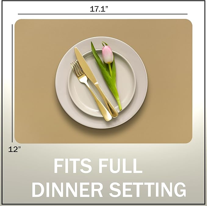 More Décor Faux Leather Placemats Set of 4 for Dining Table – Waterproof, Wipeable, Washable, Stain & Heat Resistant, Non-Slip Table Mats – 12 X 17 Inch, (Solid Beige 4)