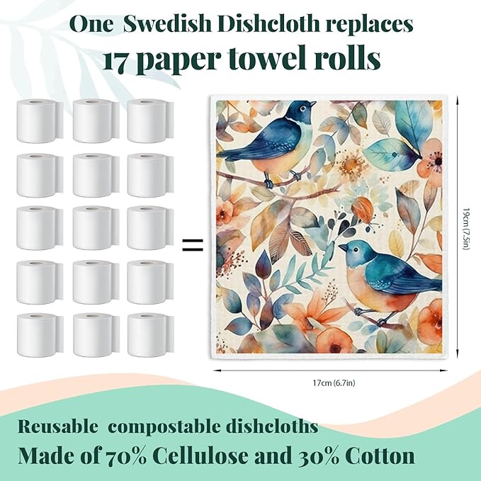 Bird Flower Swedish Dishcloths for Kitchen, Papaya Reusable Paper Towels, 4 Pack Watercolor Dish Cloths, Washable