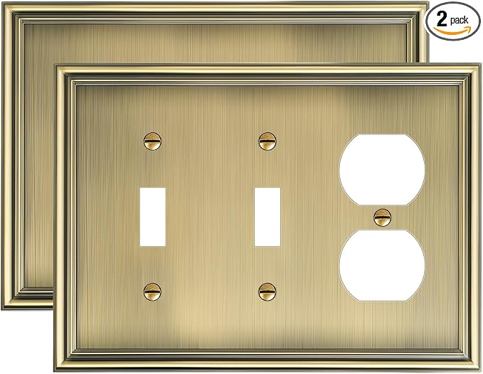 2-Pack Combo Double Toggle/Single Duplex Outlet Covers, Durable Zinc Alloy Decorative Switch Plate Covers, Antique Brass 4 Gang Switch Plates, Corrosion Resistant