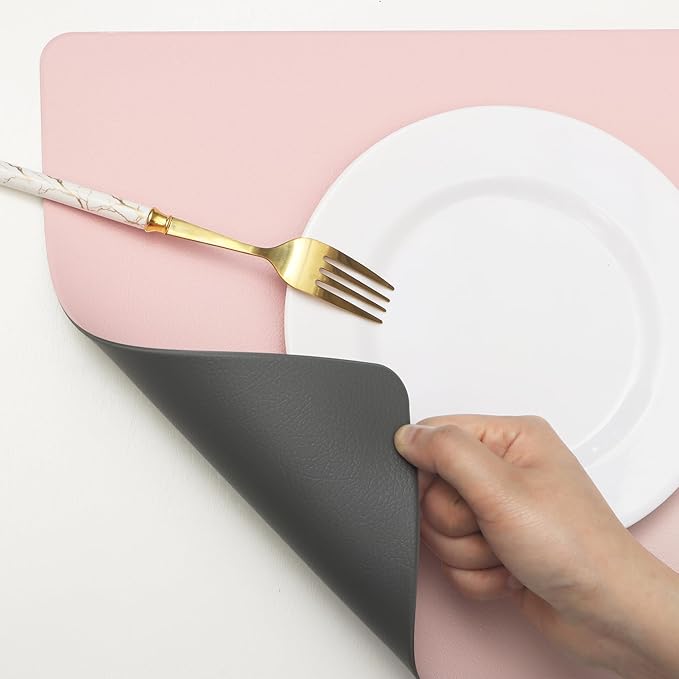 Faux Leather Placemats HeloHo Pink and Grey Table Place Mats Set of 4 Waterproof Oilproof Heat Stain Resistant Washable Wipeable Placemat for Kitchen Dining Table Decoration Indoor Outdoor