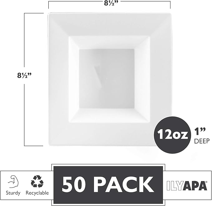 Ilyapa 50 Pack 12 ounce White Plastic Bowls, Heavy Duty Disposable White Square Bowl, Plastic 12oz for Soup, Dessert, Wedding & Party Brunch Accessories