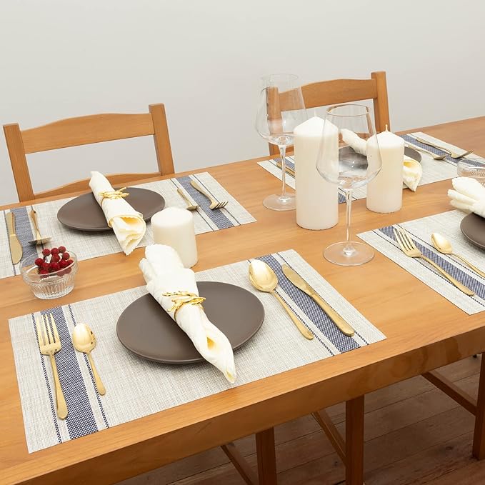 Winknowl Placemats Set of 4, Heat Resistant Non-Slip Vinyl Woven Table Mats for Dining Table, Washable Durable Elegant Place Mats for Kitchen Indoor/Outdoor Use (Beige Blue)