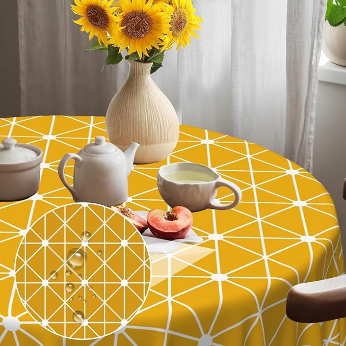 Laeacco 42 Inch Geometric Round Tablecloth Orange Triangle Modern Geometric Abstract Art Print Table Cloth Washable Waterproof Wrinkle Free Table Cover for Kitchen Dining Picnic Party Decoration