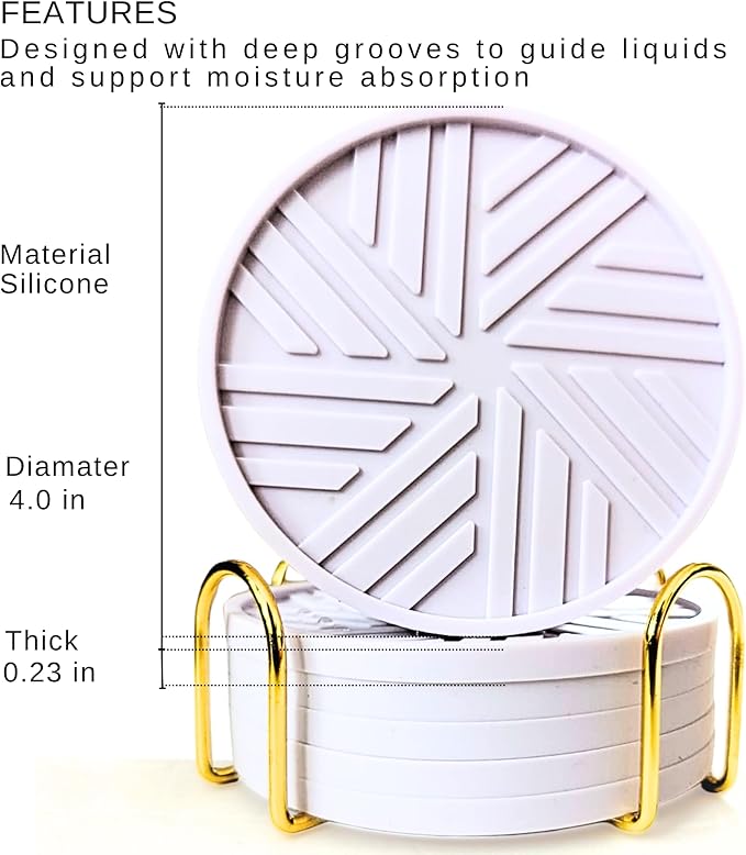 Silicone Drinks Coasters Set of 6 - with Smart, Modern Groove Patterns & Gold Holder Protecs Your cofee Table from Condensation Cups, muggs Home, Office, bar Decor - Lavander White