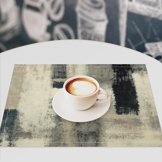 Gradient Placemat Set, Modern Minimal Fashion Abstract Beige Grey Blue Art Oil Painting Brush Strokes Patchwork Pattern Home Decor Linen Table Mats for Dining Room Kitchen Party (17x12in) x2P