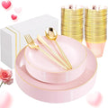 MirthMood 210PCS Pink Plastic Plates with Gold Rim – Plastic Plates Set Includes 30 Dinner,30 Dessert Plate,30 Cup&30 Napkins 90 Gold Silverware for Wedding&Birthday Parties&Valentine's Day