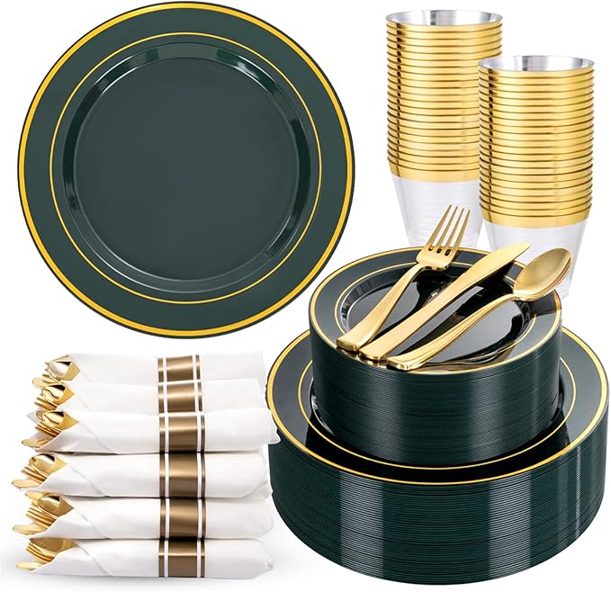 350PCS Green and Gold Plates - Green Plastic Plates 50Guests Plastic Plate with Rolled Napkins for Party/Birthday/St. Patrick's Day