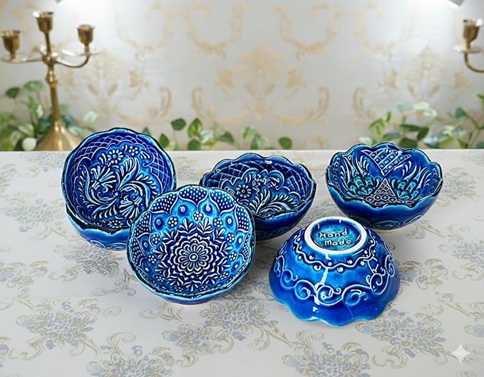 Handmade Decorative Turkish Ceramic Mini Pinch Bowls Set of 6 – Small Dipping & Serving Sauce Bowls, Blue Charcuterie Accessories, Hand-Painted Floral Pattern Snack Dishes for Kitchen & Table Decor