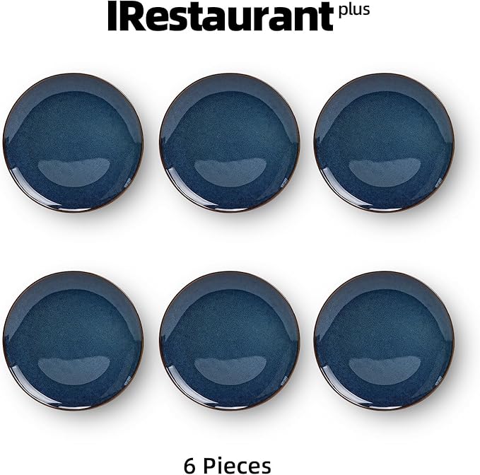 Organic Shape Highland Ceramic Dinner Plates, 6pcs 10.5 Inch Handmade Reactive Glaze Dinnerware Sets with Wavy Edge, for Kitchen, Microwave & Dishwasher Safe, Scratch Resistant-Blue